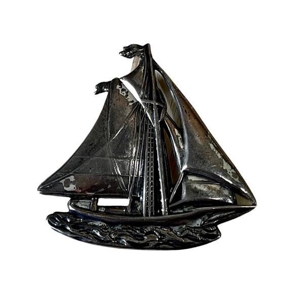 Vintage Sterling Silver Schooner Sailboat Brooch, Nautical Vintage Brooch - Picture 1 of 7
